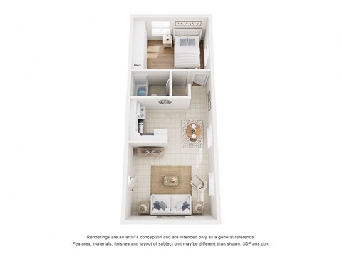 A floor plan of a studio apartment with a kitchen, living room, and bathroom.